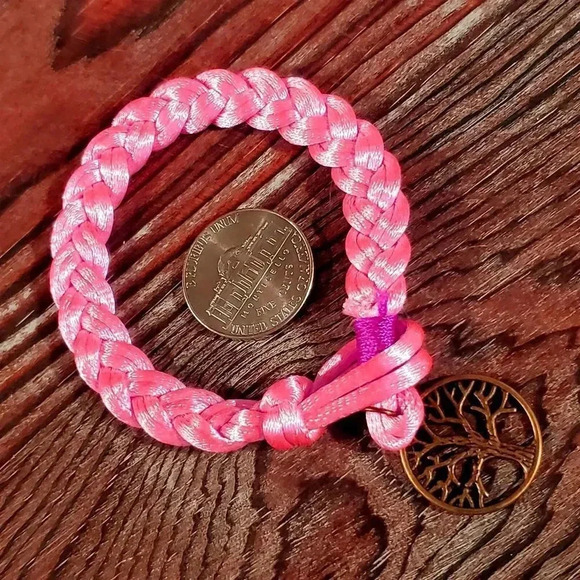 Braided Bright Hot Pink Silk Antique Brass Tree of Life Charm Button Bracelet - Picture 5 of 5